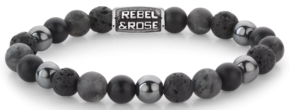 Bracelet avec perles de pierre foncée et fermoir rond en acier inoxydable gris