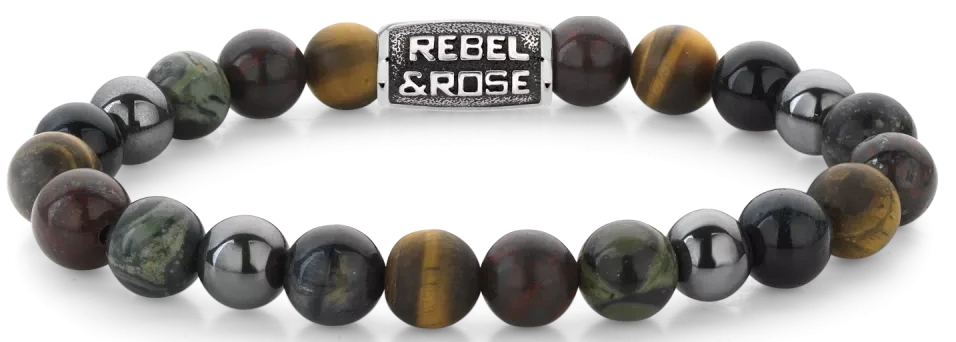 Bracelet avec perles de 8 mm aspect œil de tigre et fermoir en acier inoxydable gris