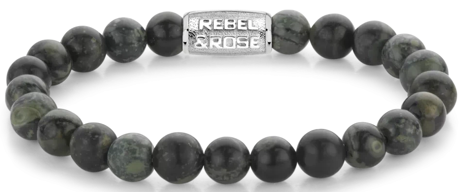 Bracelet en perles de rhyolite foncée (8 mm) avec fermoir en métal Rebel&Rose
