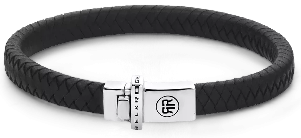 Bracelet en cuir noir avec fermoir argenté, gravure Rebel&Rose