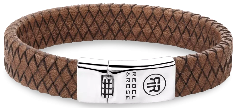 Bracelet en cuir marron avec motif tressé et fermoir argenté gravé en treillis