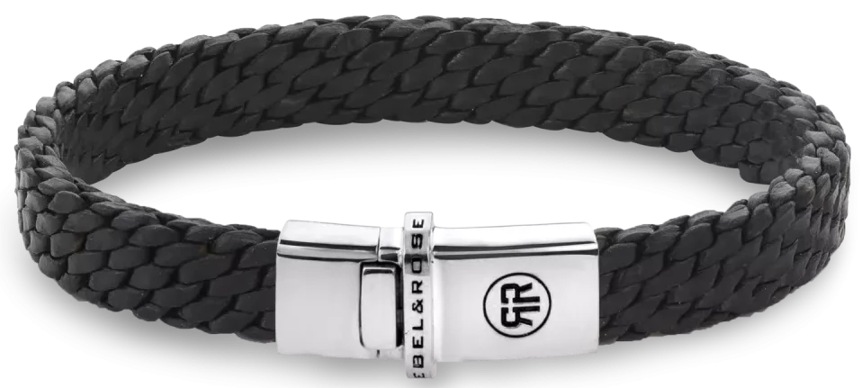 Bracelet en cuir tressé noir avec fermoir à pression argenté, cordons de 2 mm