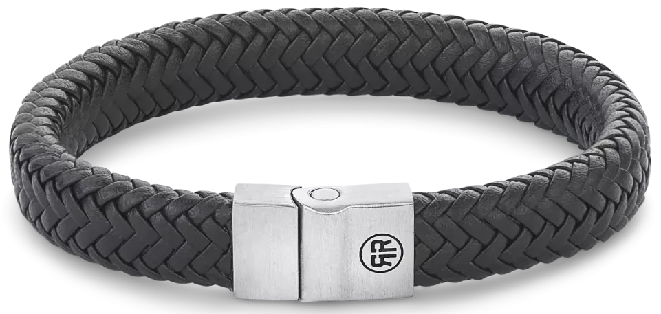 Bracelet en cuir tressé noir avec fermoir en acier inoxydable
