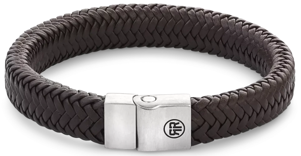 Bracelet en cuir tressé marron foncé avec fermoir en acier inoxydable et bouton-pression