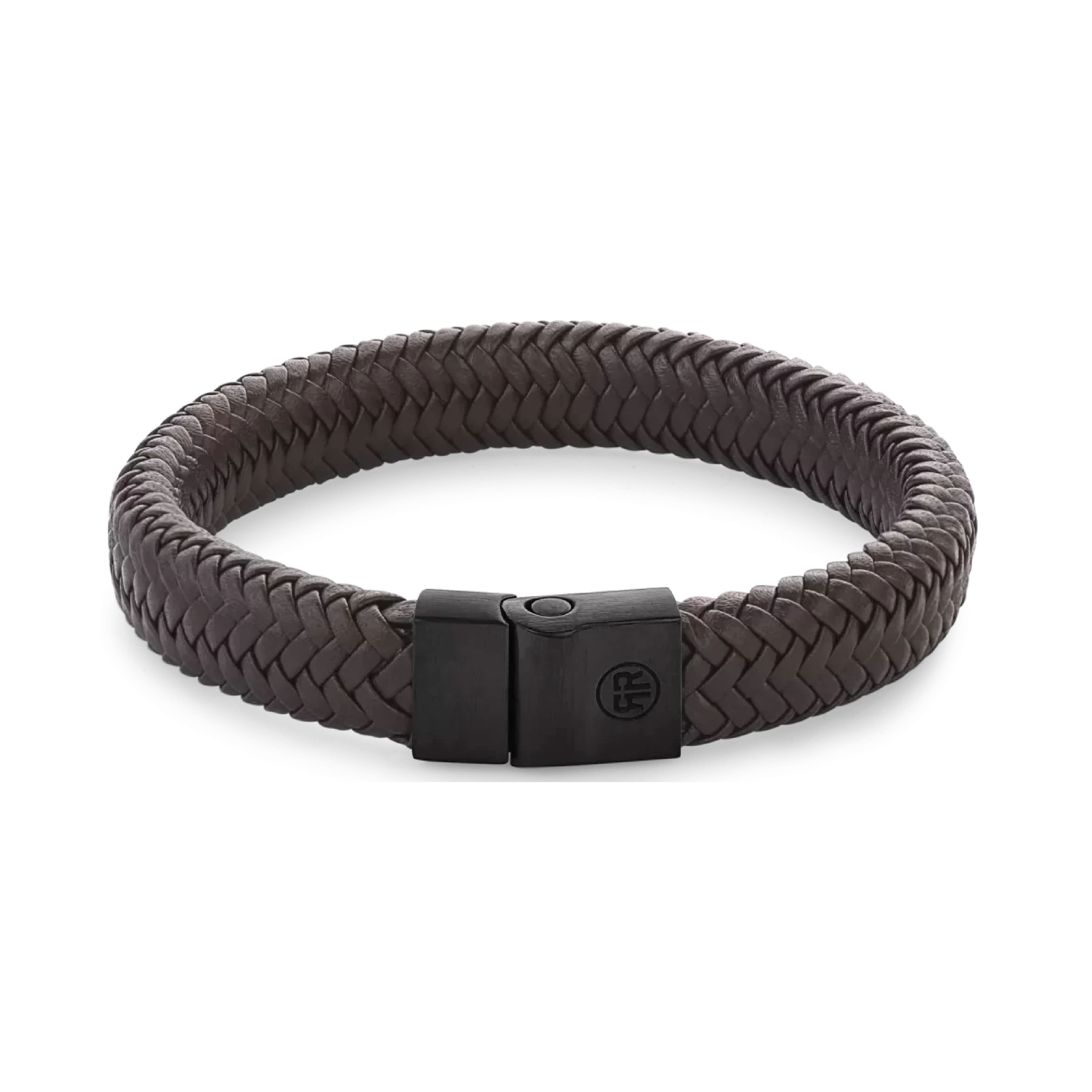 Bracelet en cuir tressé, marron foncé, avec fermoir en acier inoxydable noir et gravure