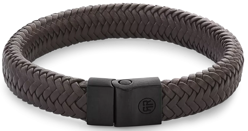 Bracelet en cuir tressé, marron foncé, avec fermoir rectangulaire en acier inoxydable noir