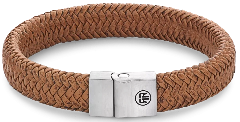 Bracelet en cuir tressé marron avec fermoir en acier inoxydable et emblème rond du logo