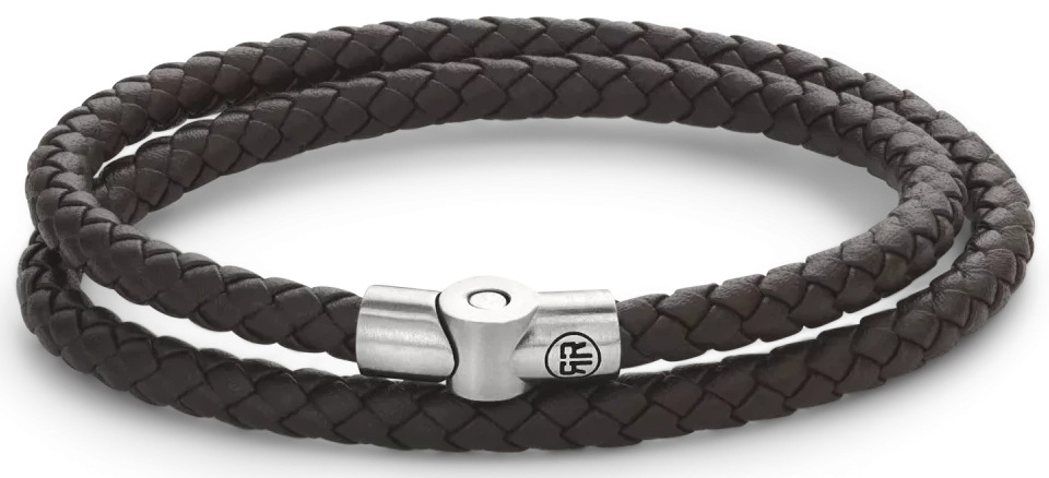 Bracelet en cordons de cuir tressés marron foncé avec fermoir en acier inoxydable