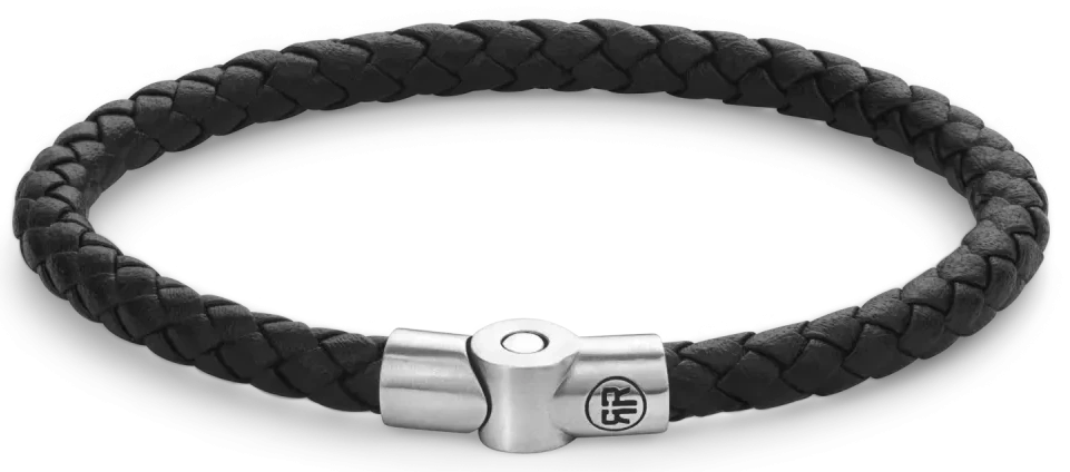 Bracelet en cordon de cuir noir tressé avec fermoir en acier inoxydable, pièce centrale ronde