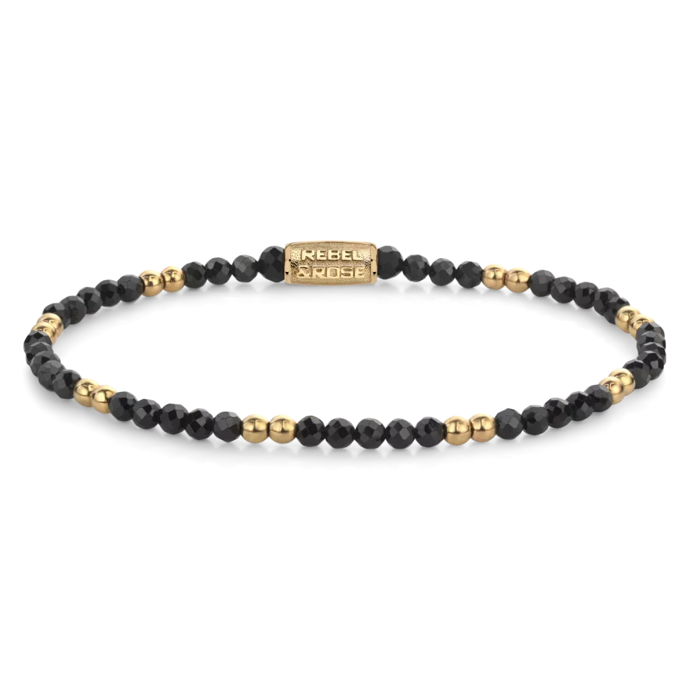Bracelet avec perles de pierres précieuses noires facettées et perles dorées, Rebel&Rose