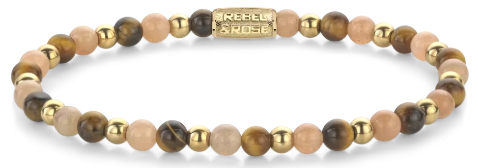 Bracelet en pierres de 4 mm (Œil de tigre, Œil de soleil, pierres dorées) et fermoir en acier inoxydable - Rebel&Rose Modèle : RR-40140-G-S