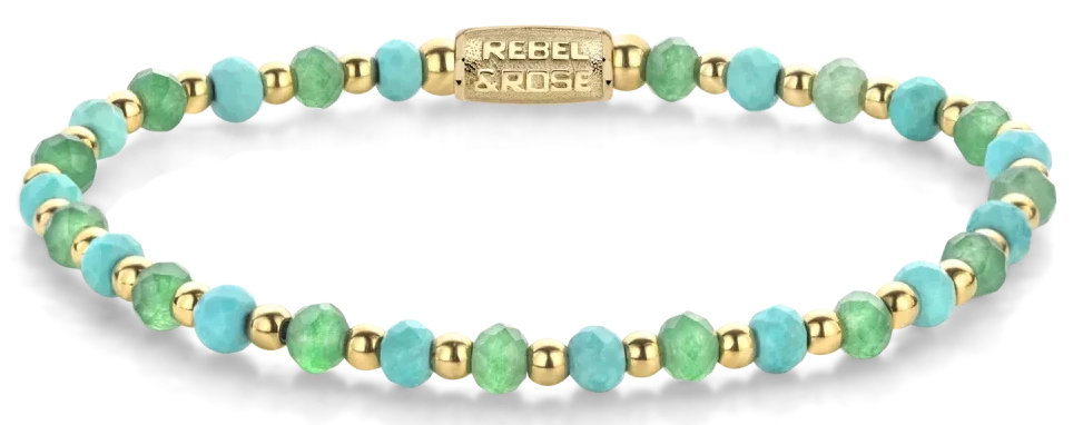 Bracelet en perles facettées de turquoise et d'aventurine verte de 4 mm et fermoir en acier inoxydable - Rebel&Rose Modèle : RR-40143-G-S