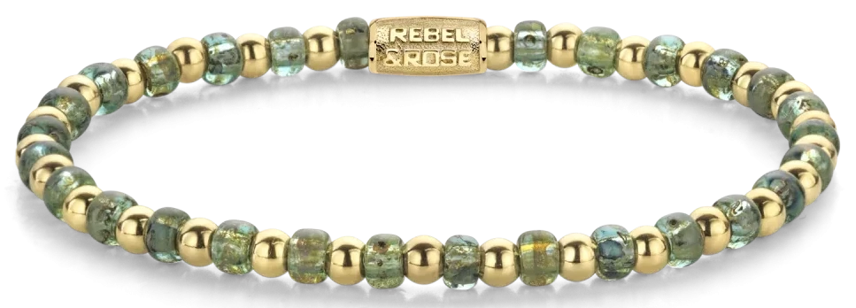 Bracelet en perles de verre vertes de 4 mm, petites pierres en acier inoxydable plaqué or et fermoir en acier inoxydable - Rebel&Rose Modèle : RR-40145-G-M