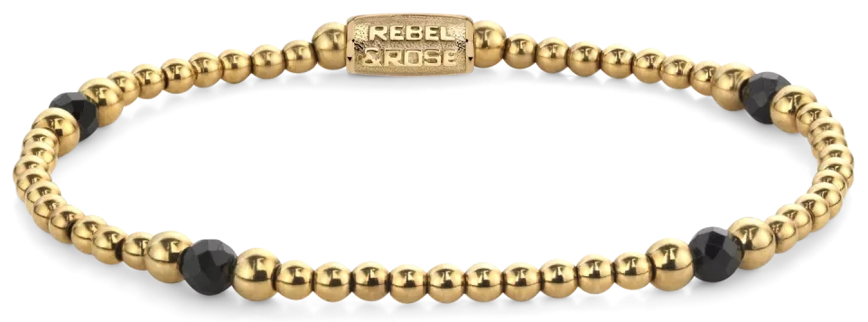 Bracelet avec perles de spinelle noires facettées et perles en acier inoxydable plaqué or