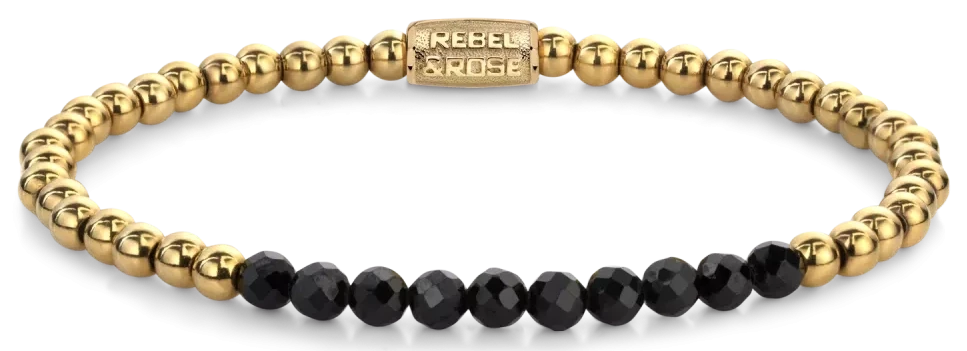 Bracelet avec perles de spinelle noires facettées et perles d'acier inoxydable dorées
