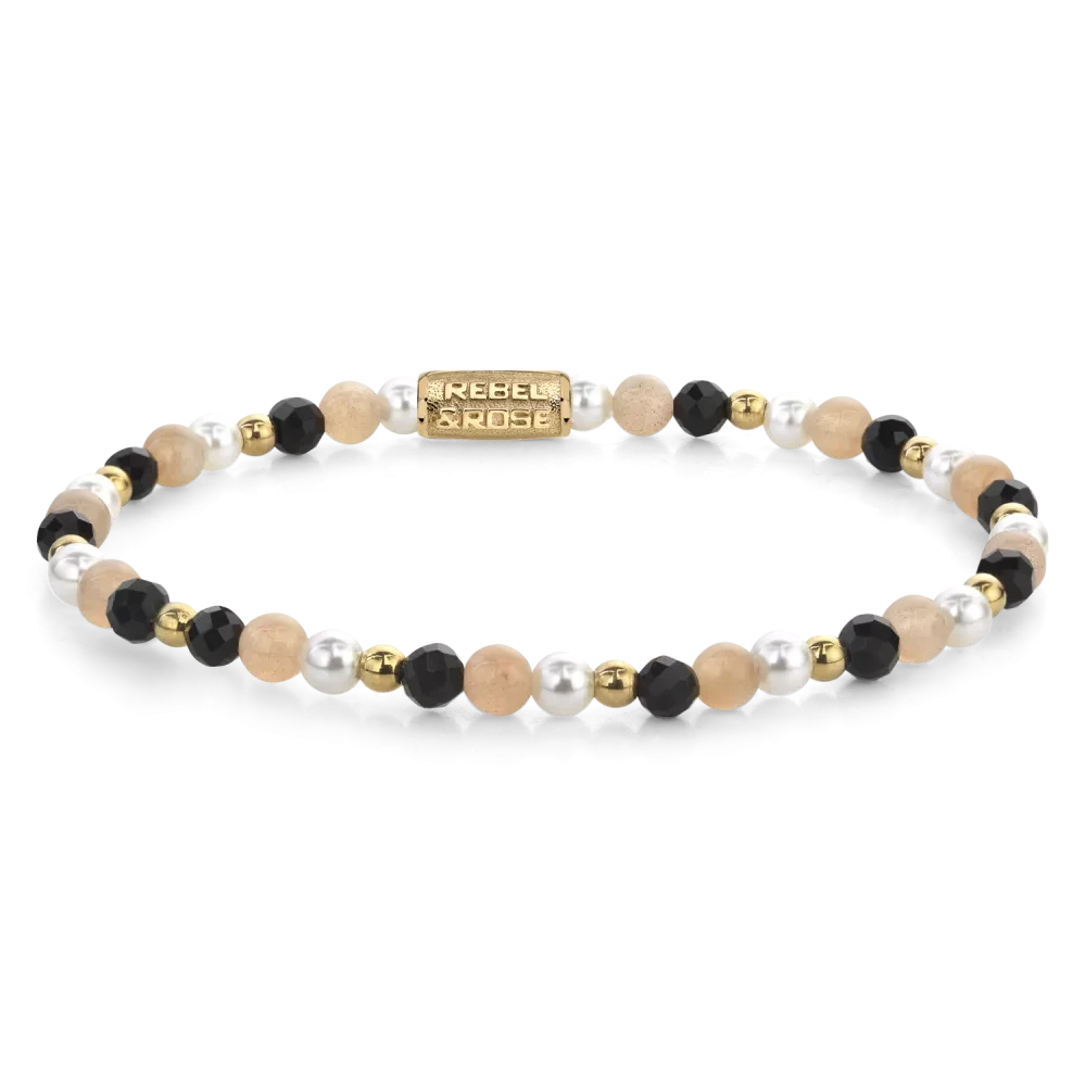 Bracelet avec perles et perles de pierre noires, éléments dorés et fermoir en acier inoxydable