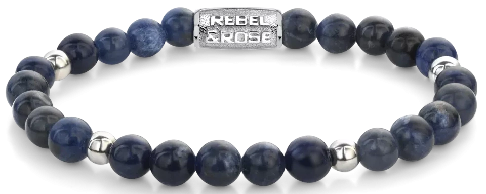 Bracelet en pierres de sodalite bleue avec fermoir en acier inoxydable ; perles rondes, fermoir REBEL ROSE