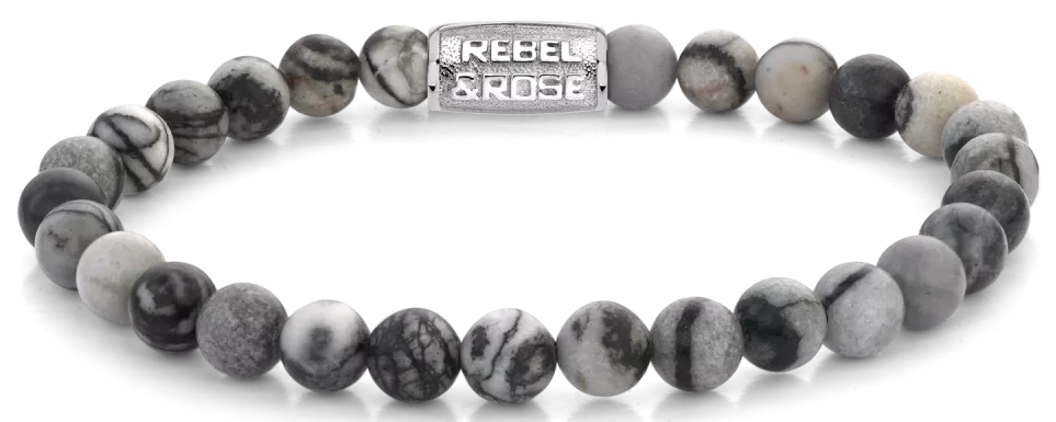 Bracelet en perles d'agate avec fermoir en acier inoxydable, marbré gris-brun, fermoir Rebel&Rose