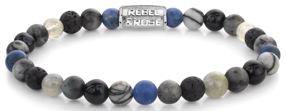 Bracelet avec pierres précieuses bleues et grises, perles de lave noires et fermoir en acier inoxydable