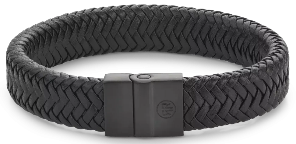 Bracelet en cuir noir tressé avec fermoir en acier inoxydable noir
