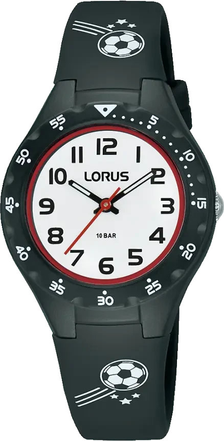 Montre enfant avec bracelet en silicone noir et design football, cadran rond, affichage analogique.