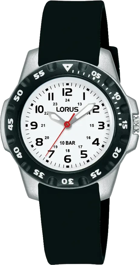 Montre Lorus pour femme avec bracelet en silicone noir, cadran rond et aiguille des secondes rouge