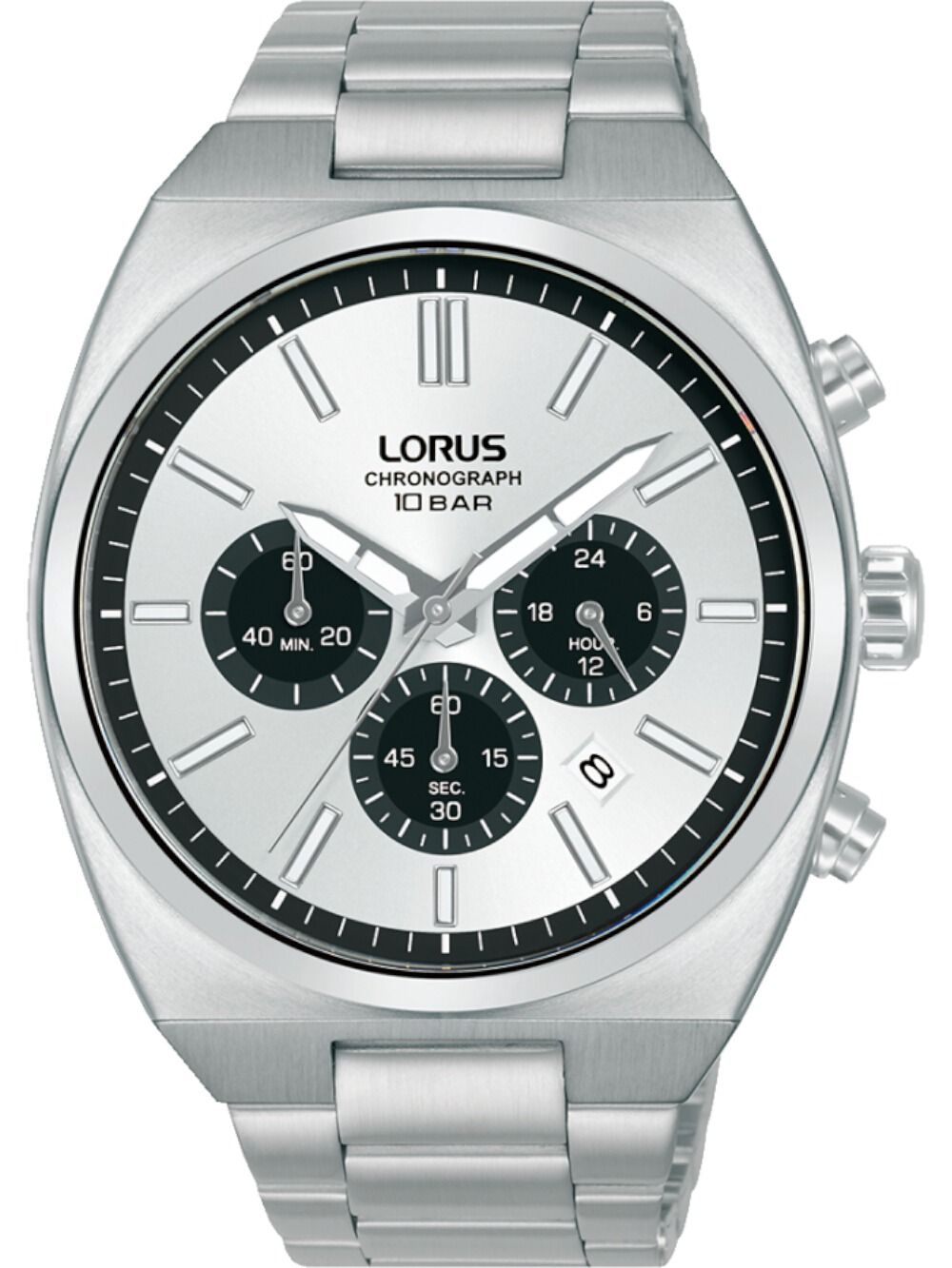 Herren-Armbanduhr Lorus Chronograph mit weißem Zifferblatt, Edelstahlband und dunkler Lünette