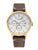 Montre pour homme : boîtier doré, cadran blanc, bracelet en cuir marron, guichet date