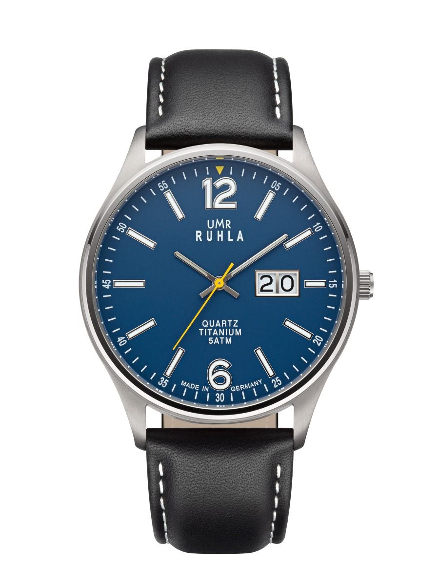 Montre pour homme avec cadran bleu, bracelet en cuir noir et boîtier rond en titane