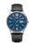 Montre pour homme avec cadran bleu, bracelet en cuir noir et boîtier rond en titane
