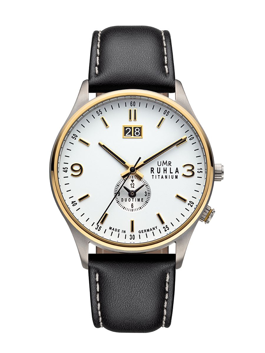Montre bicolore avec bracelet en cuir noir et cadran blanc, guichet date