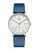 Montre pour homme UMR Ruhla : boîtier rond argenté, bracelet en cuir bleu, cadran blanc