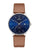 Montre pour homme : cadran bleu foncé, boîtier argenté, bracelet en cuir marron