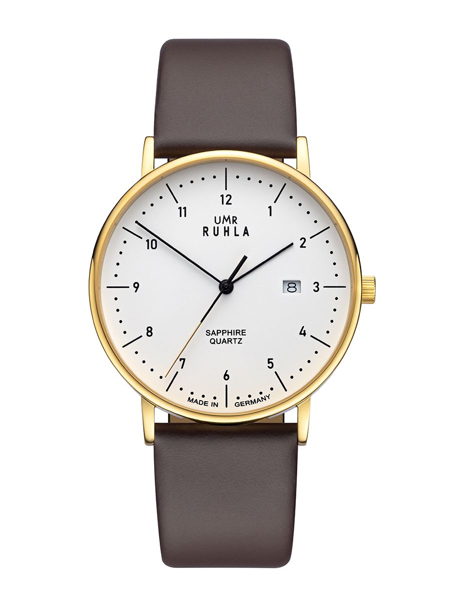 Montre-bracelet avec boîtier doré, bracelet en cuir marron et cadran blanc, mouvement quartz saphir.