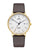 Montre-bracelet avec boîtier doré, bracelet en cuir marron et cadran blanc, mouvement quartz saphir.