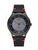 Montre solaire avec bracelet en cuir noir, boîtier rond, cadran noir et trotteuse rouge