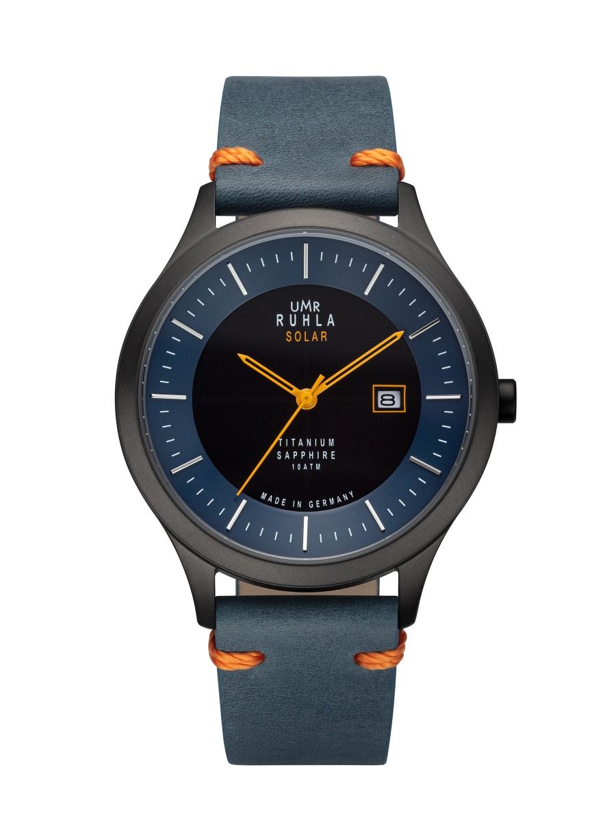 Montre solaire pour homme avec cadran bleu foncé, aiguilles orange et bracelet en textile