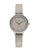 Montre pour femme avec bracelet en cuir taupe, boîtier rond argenté et lunette étincelante