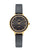 Montre pour femme UMR Ruhla : bracelet en cuir gris foncé, boîtier doré, cadran noir avec anneau de pierres