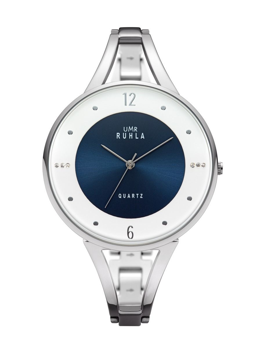 Montre pour femme avec bracelet en acier inoxydable argenté et cadran rond blanc et bleu