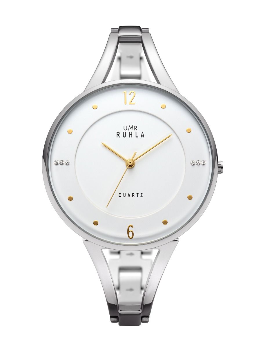 Montre-bracelet style UMR Ruhla avec cadran blanc, index dorés et bracelet en métal