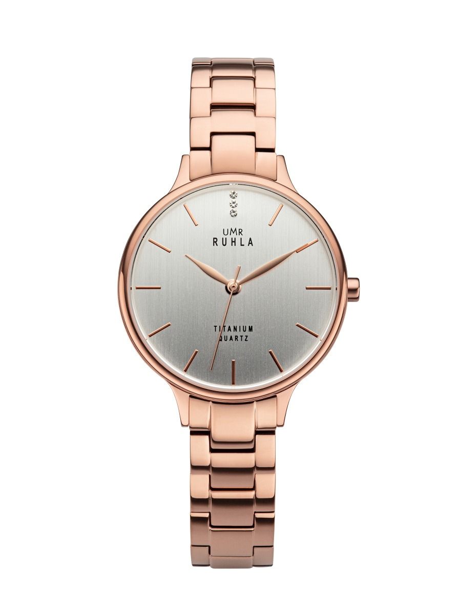 Montre pour femme avec cadran rond et bracelet en métal, couleur or rose, index bâtons