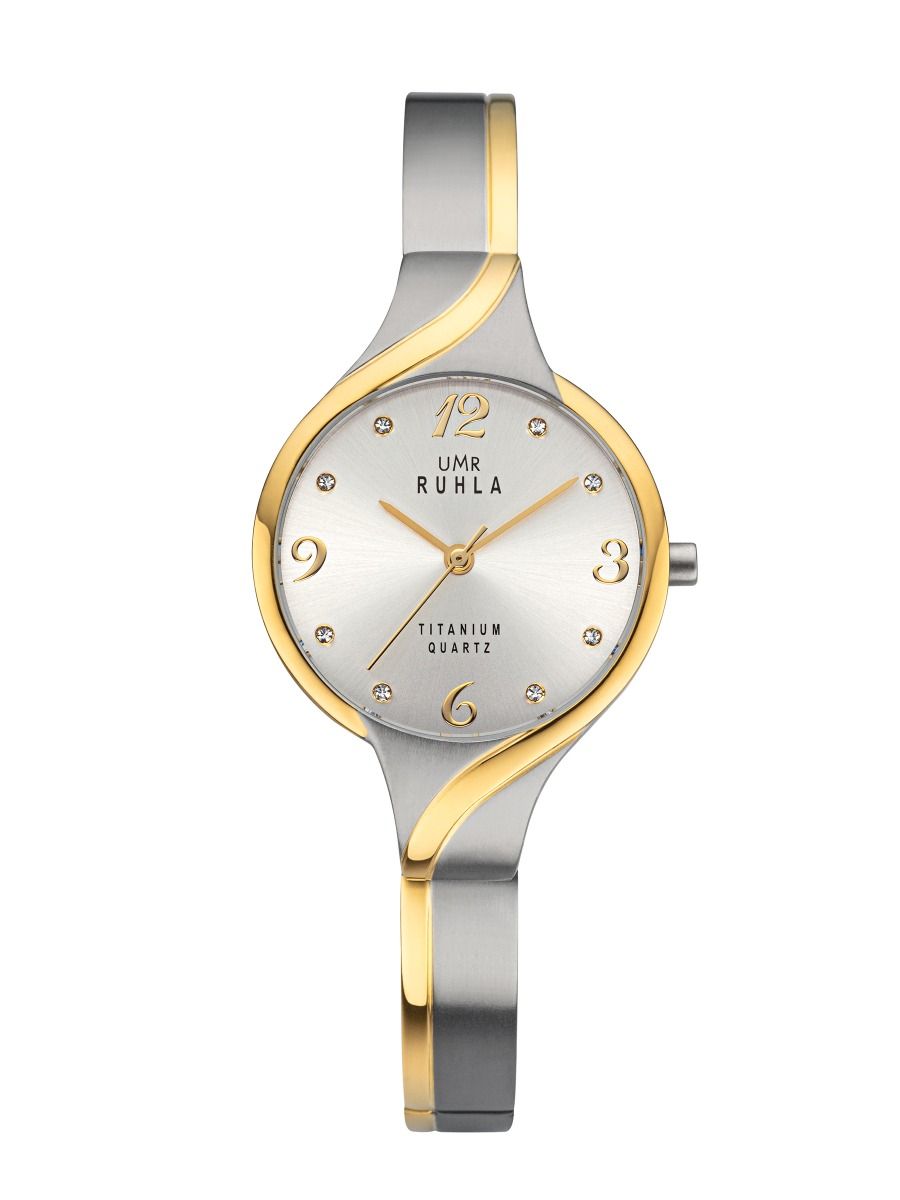 Montre bicolore pour femme avec cadran rond, lunette dorée, chiffres et bracelet en acier inoxydable.