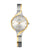 Montre bicolore pour femme avec cadran rond, lunette dorée, chiffres et bracelet en acier inoxydable.