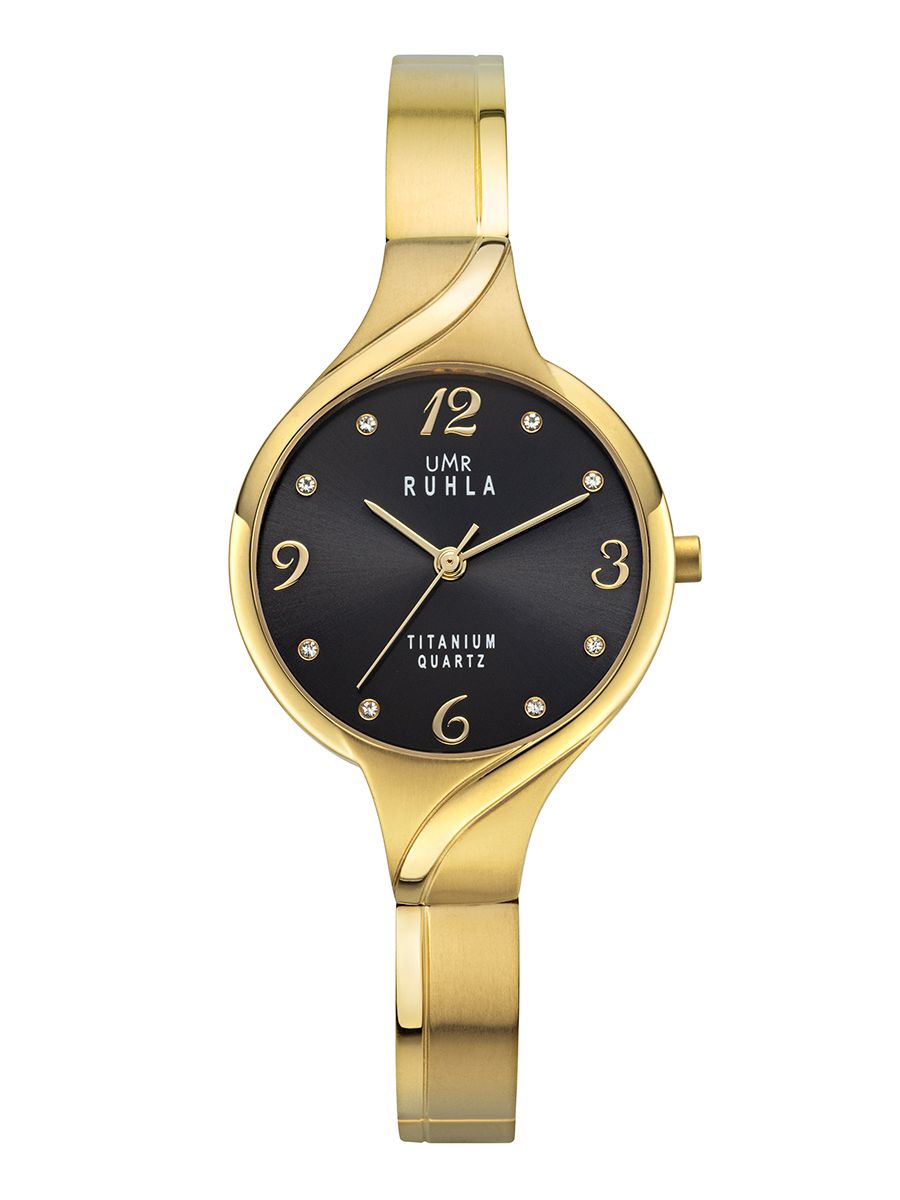 Montre-bracelet avec cadran noir, bracelet en métal doré et index ronds en pierre