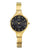 Montre-bracelet avec cadran noir, bracelet en métal doré et index ronds en pierre