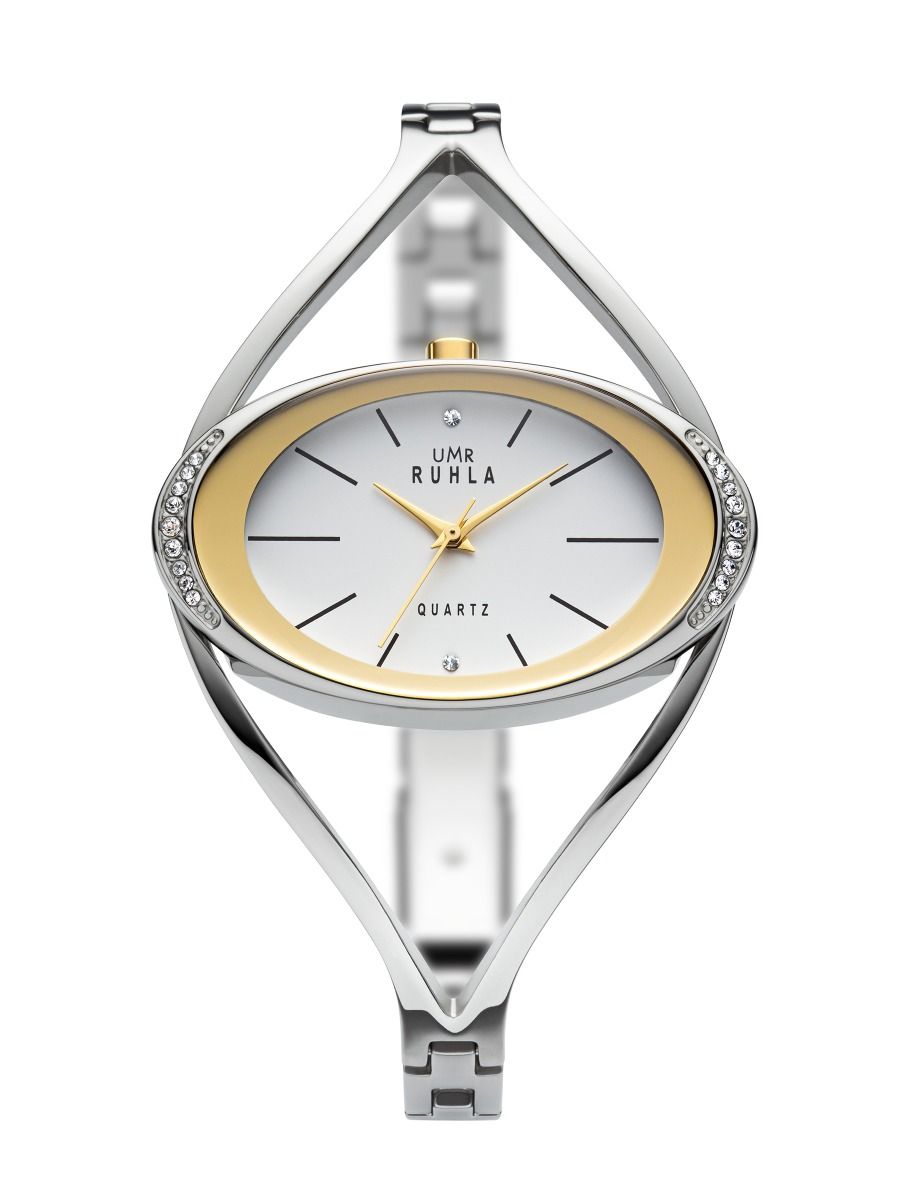 Montre-bracelet UMR Ruhla avec bracelet en métal argenté, cadran blanc et bordure en pierres scintillantes