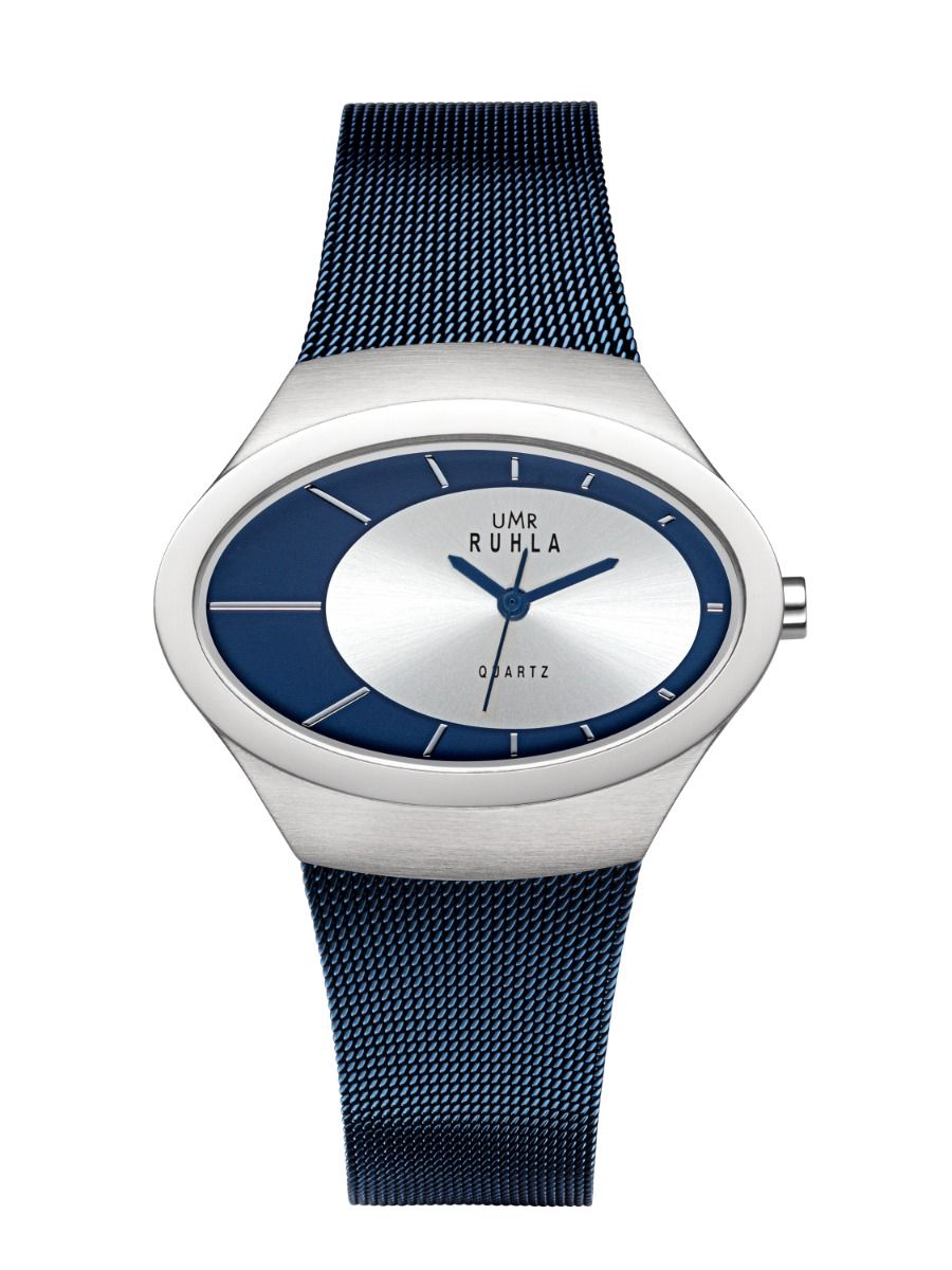 Montre-bracelet avec boîtier rond argenté, bracelet milanais bleu foncé et cadran bleu