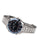 Herrenarmbanduhr mit silbernem Metallarmband, rundem schwarzem Zifferblatt und Chronographenanzeige