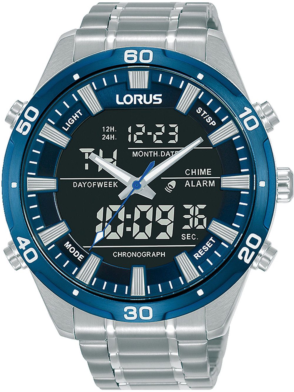 Herren-Armbanduhr mit blauem Zifferblatt, silbernem Metallarmband und Digital-Chronograph